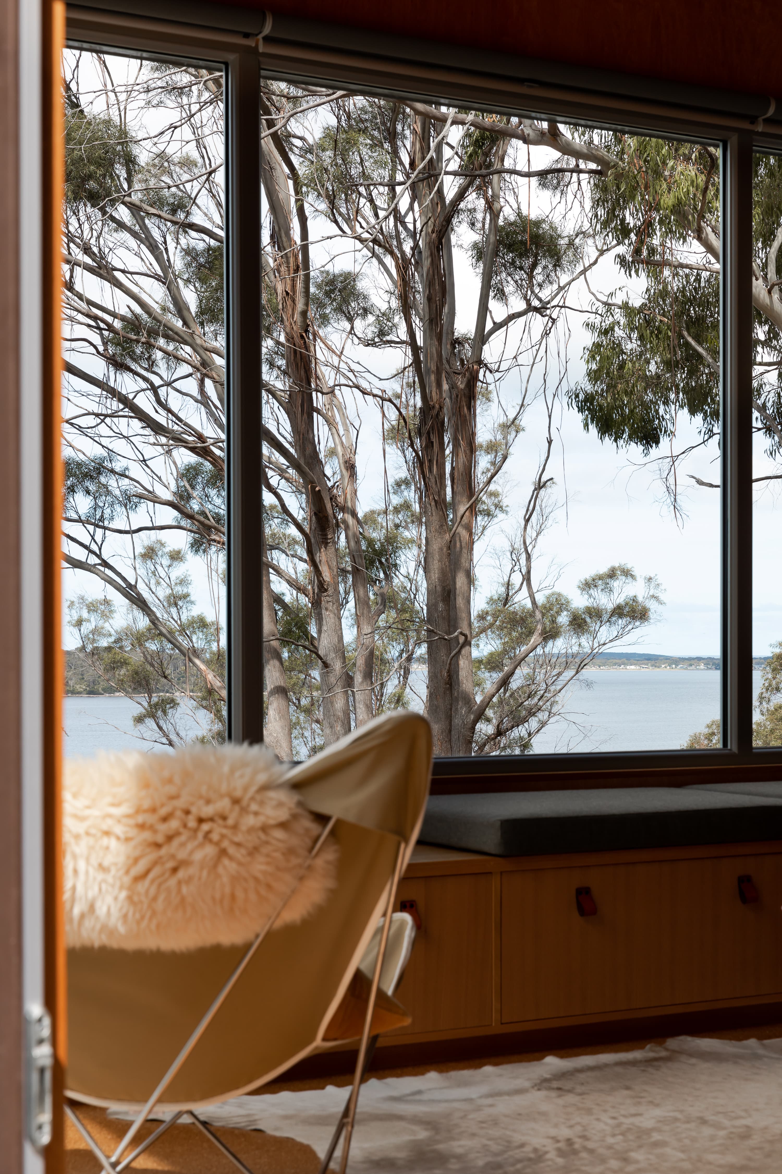 Window seat and chair looking through eucalypts to the bay