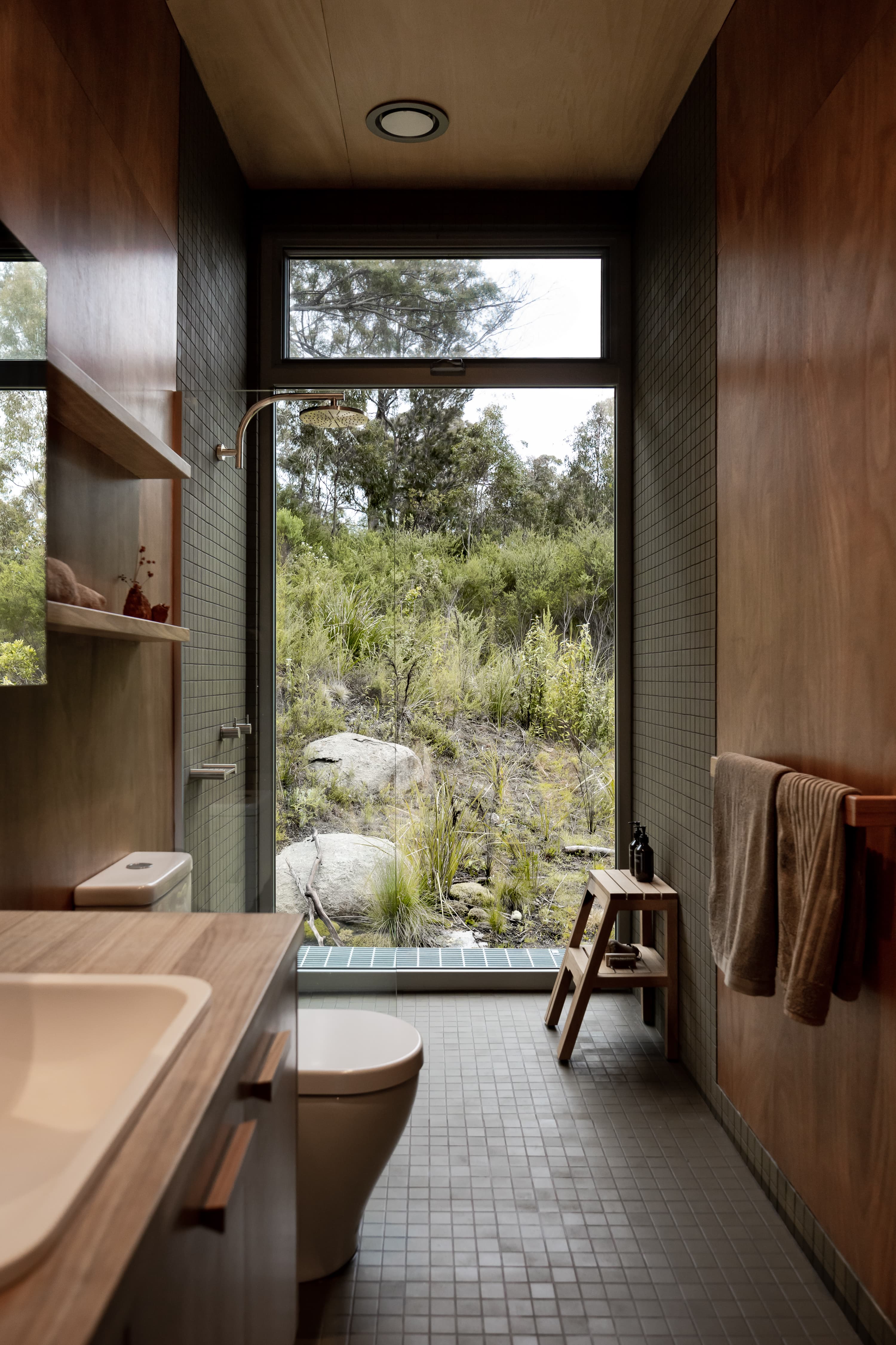 Bathroom and open shower facing native bush