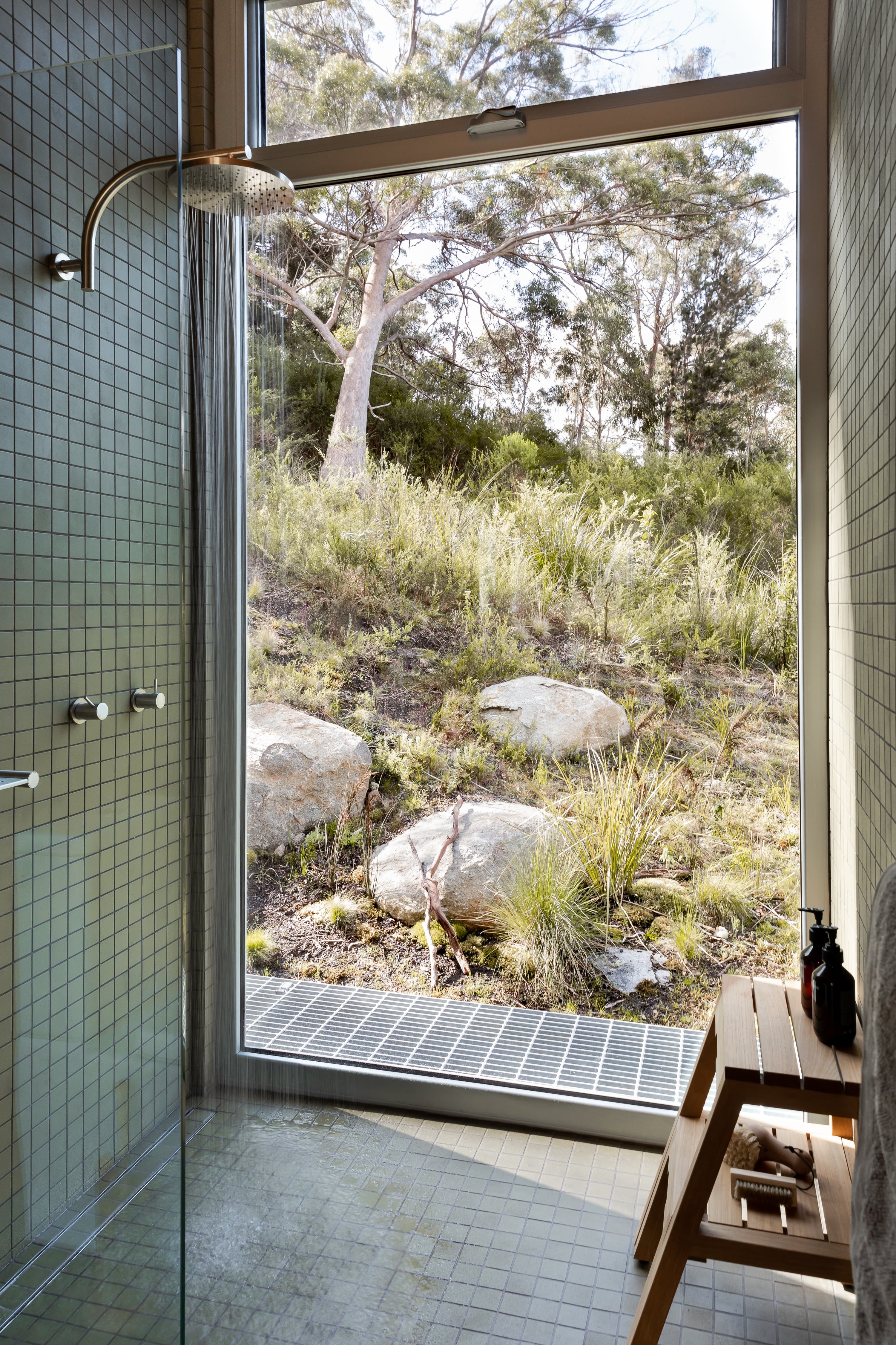 Walk-in shower opening onto native bushland